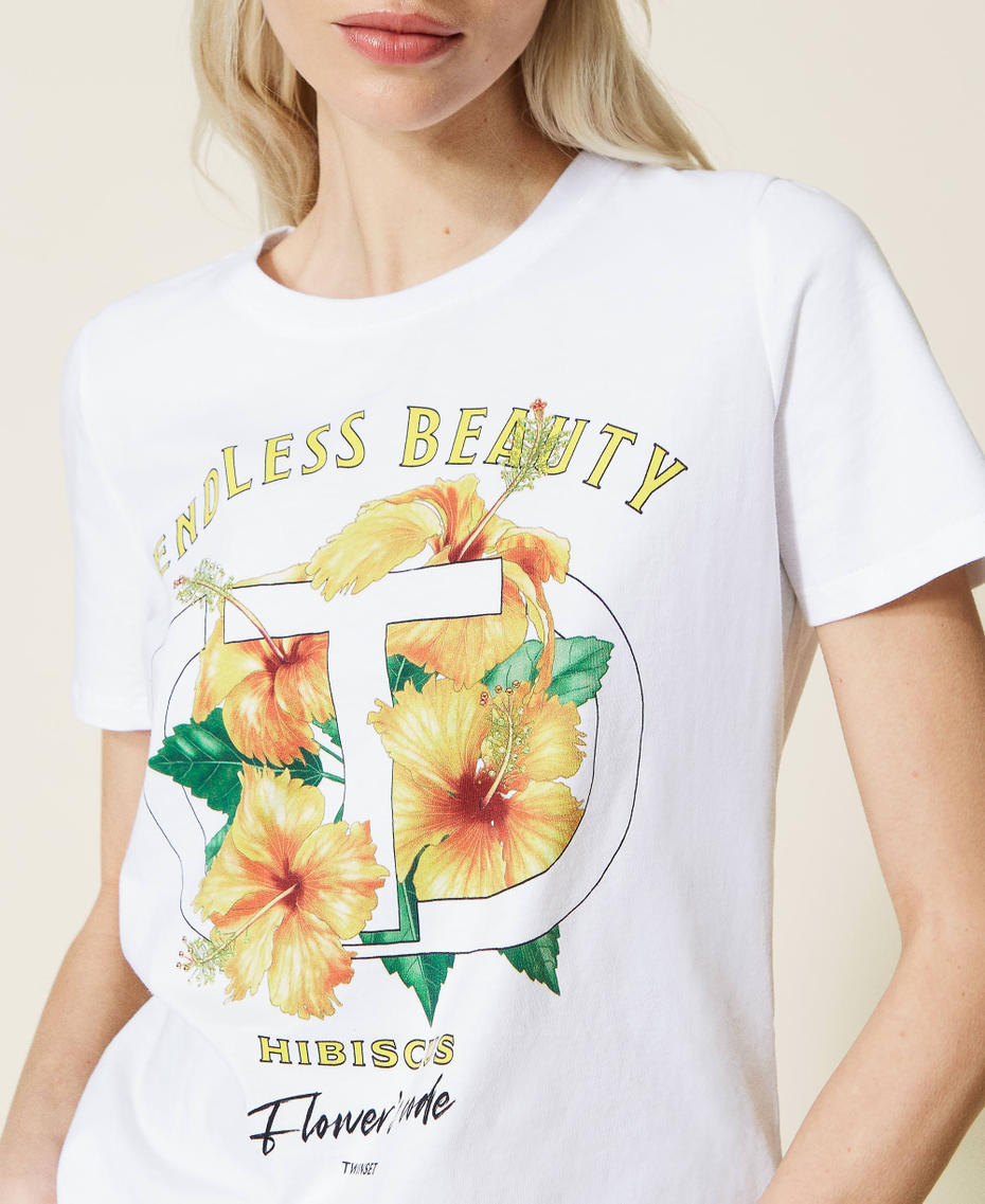 T-shirt with hibiscus print and rhinestones