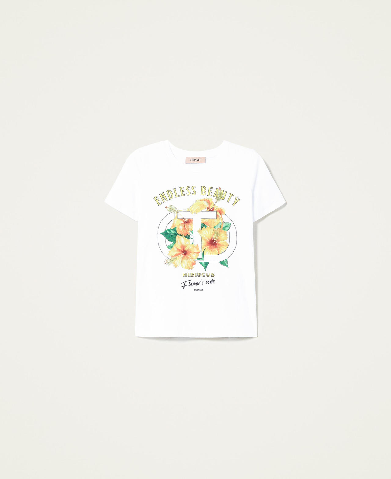 T-shirt with hibiscus print and rhinestones