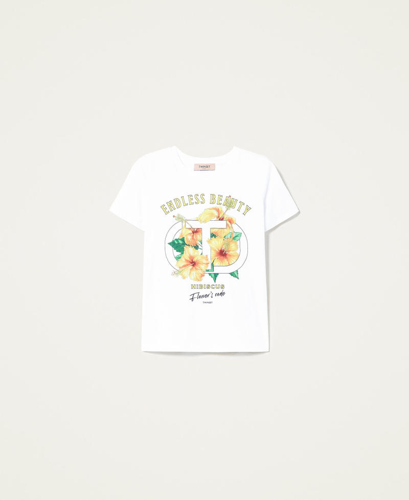 Camiseta con estampado de hibisco y strass Blanco Mujer 221TQ2122-0S