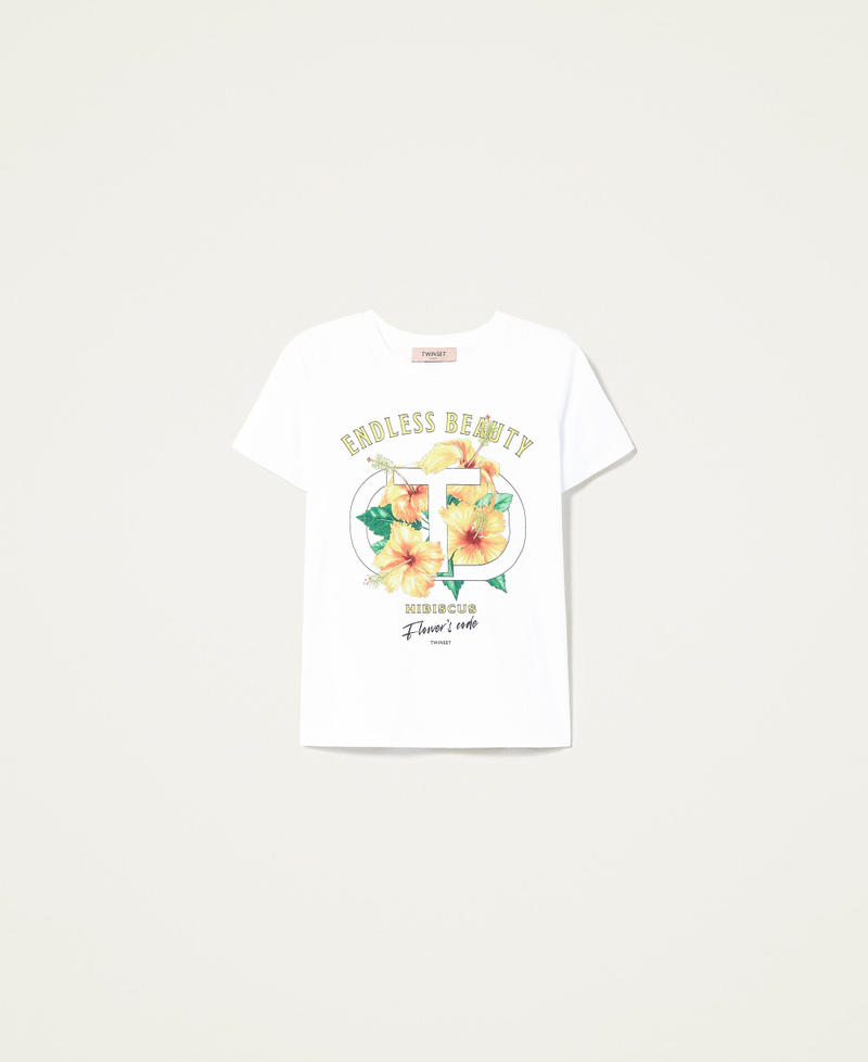 T-shirt with hibiscus print and rhinestones