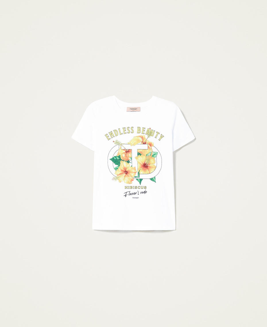 T-shirt with hibiscus print and rhinestones White Woman 221TQ2122-0S