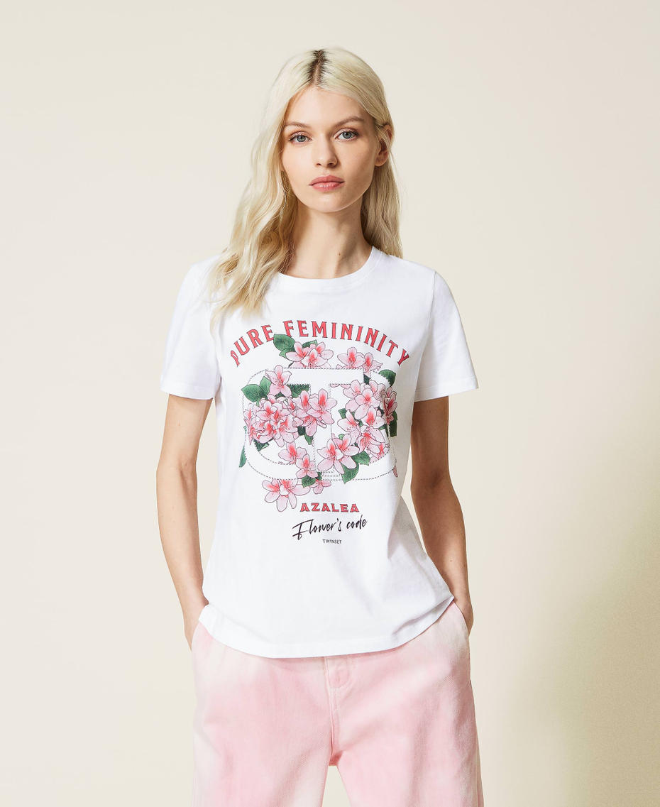 Camiseta con estampado de azalea y strass Blanco Mujer 221TQ2123-01