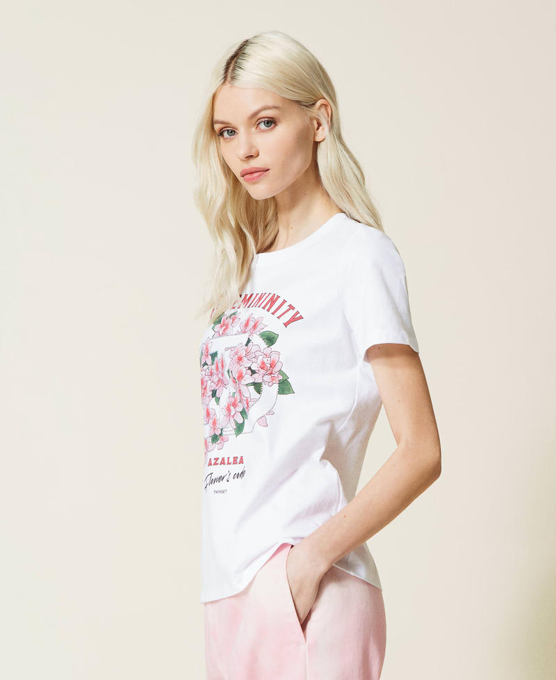 Camiseta con estampado de azalea y strass Blanco Mujer 221TQ2123-02