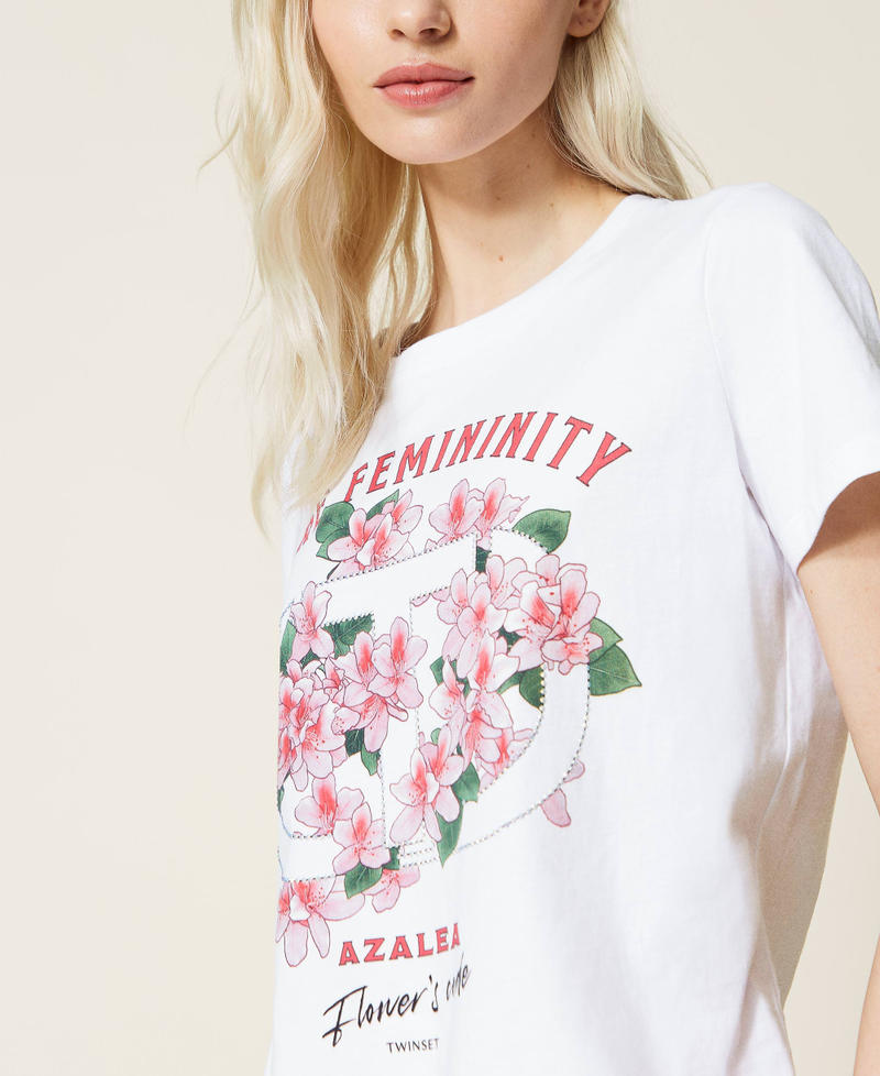 Camiseta con estampado de azalea y strass Blanco Mujer 221TQ2123-04