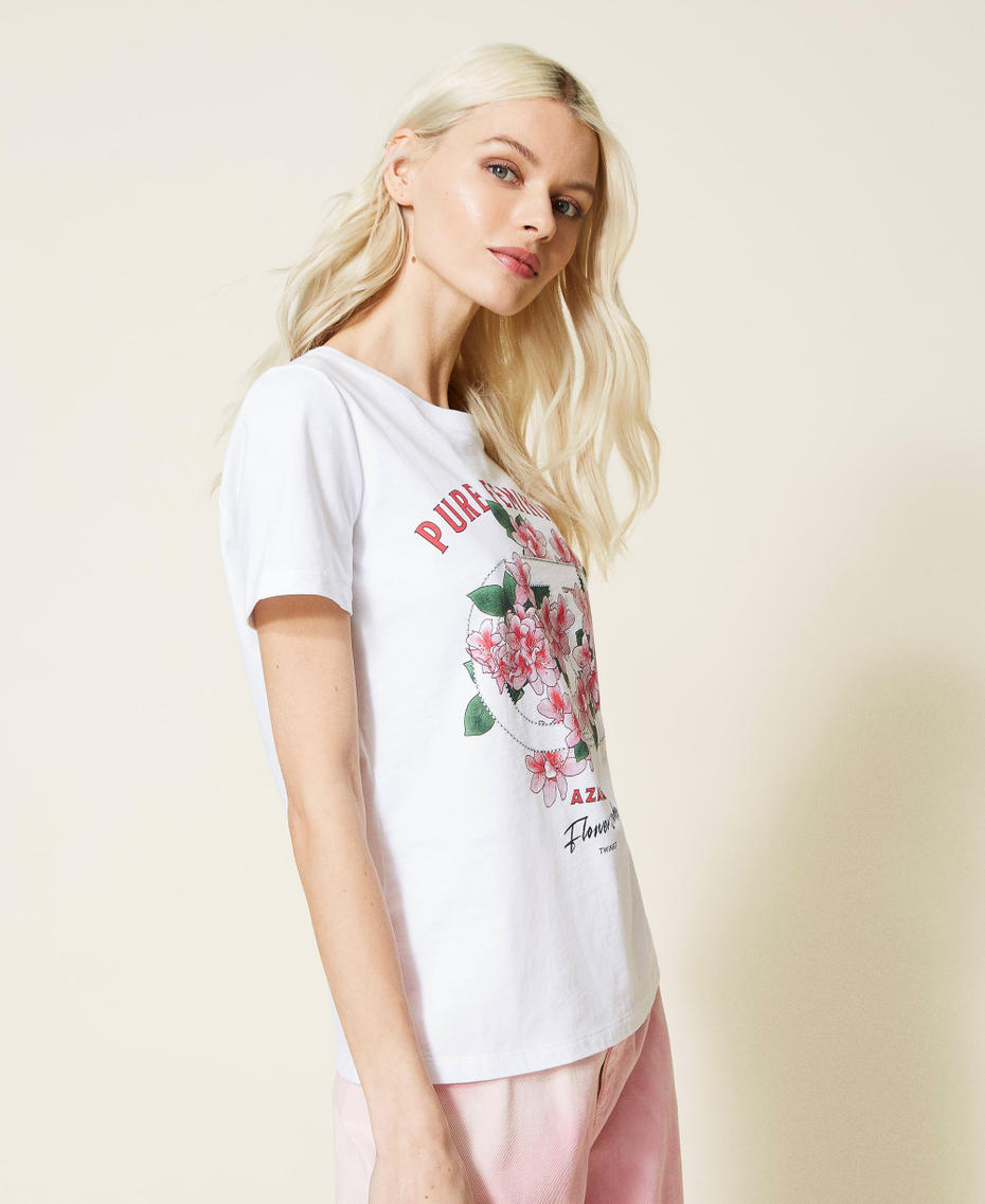 T-shirt con stampa azalea e strass Bianco Donna 221TQ2123-05