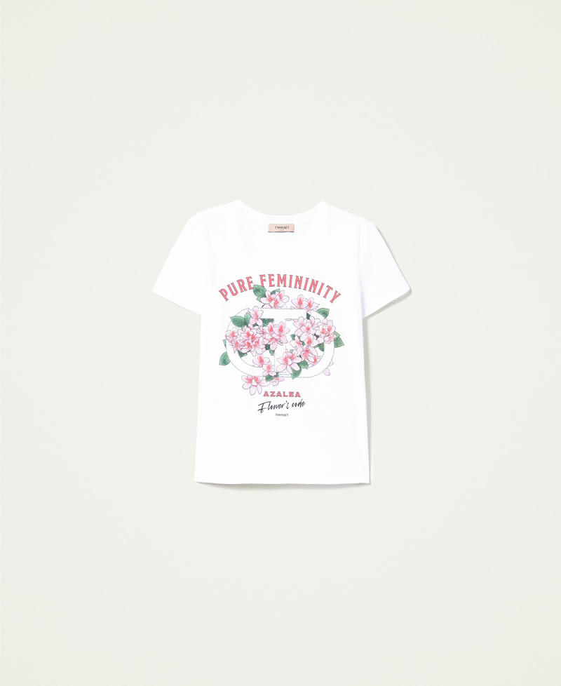 Camiseta con estampado de azalea y strass Blanco Mujer 221TQ2123-0S
