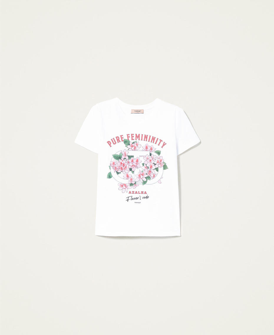 Camiseta con estampado de azalea y strass Blanco Mujer 221TQ2123-0S