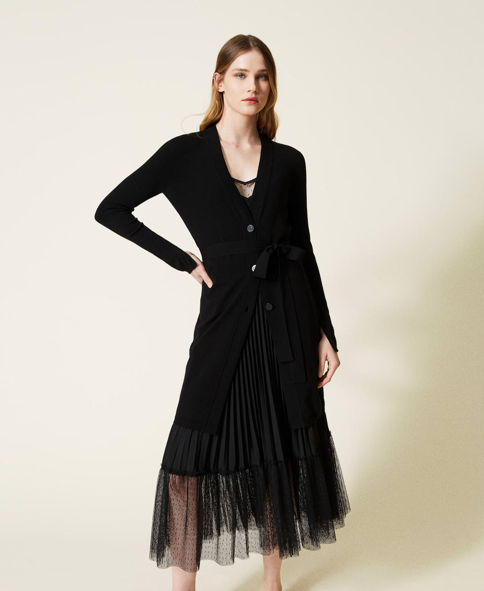 Long knit cardigan with belt
