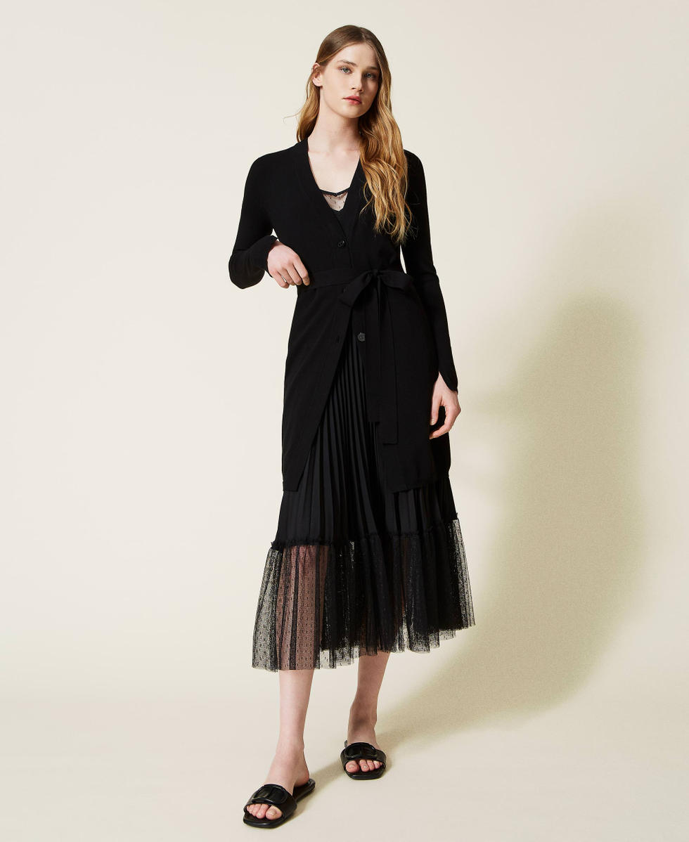 Long knit cardigan with belt