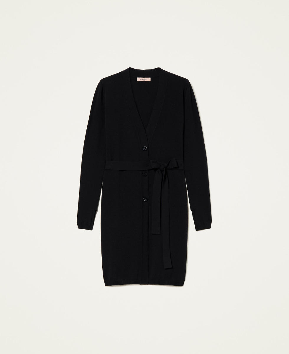 Long knit cardigan with belt