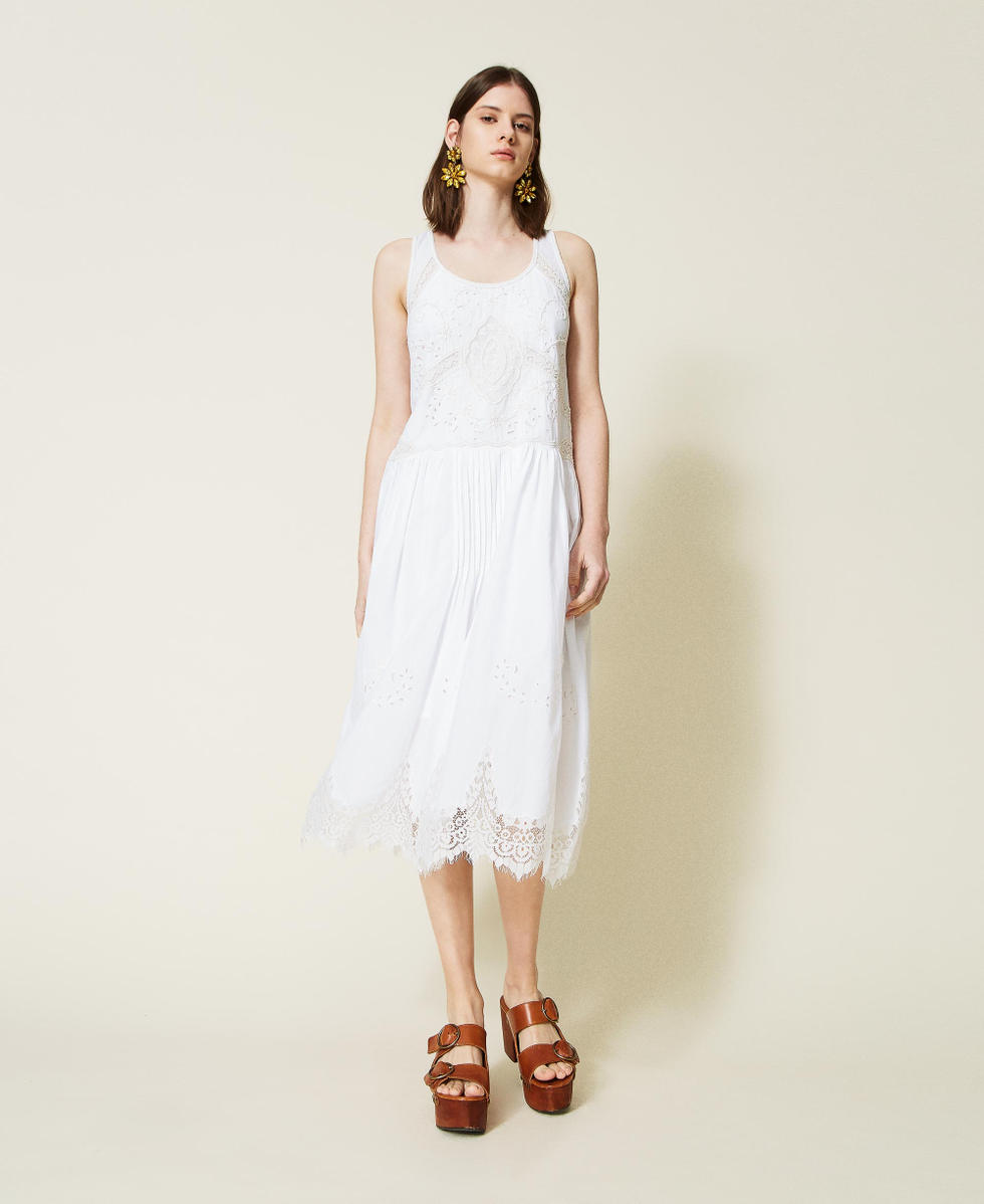 Hand embroidered midi dress with lace Woman White TWINSET Milano