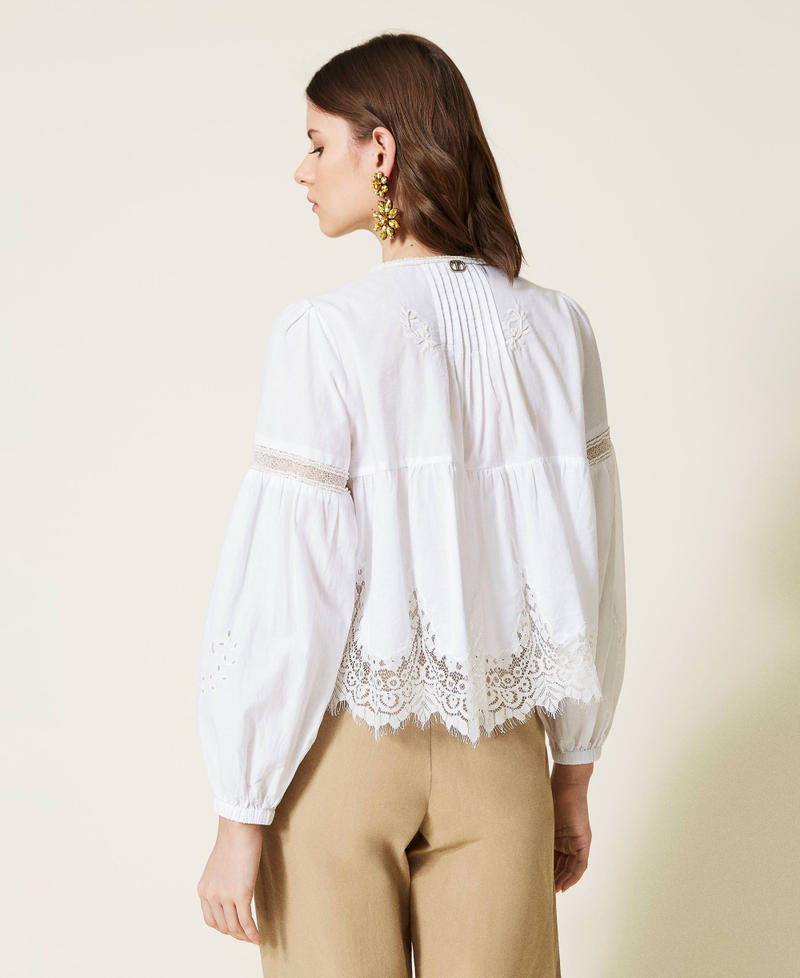 Hand-embroidered shirt with inlaid lace White Woman 221TT2023-03