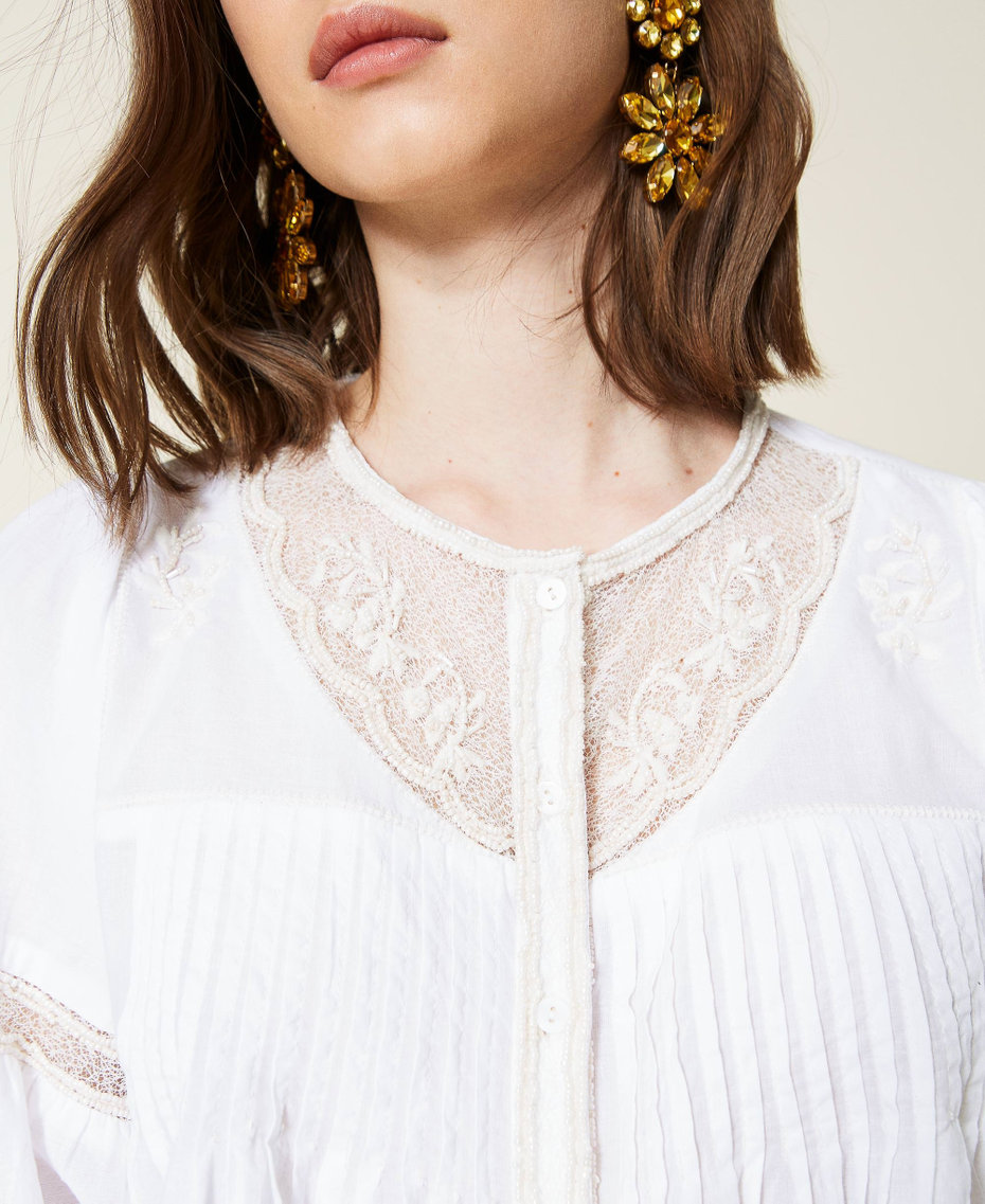 Hand-embroidered shirt with inlaid lace White Woman 221TT2023-04