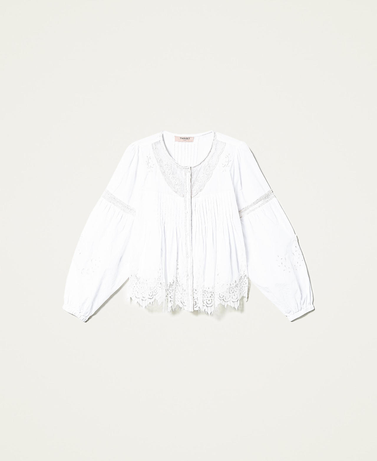 Hand-embroidered shirt with inlaid lace White Woman 221TT2023-0S