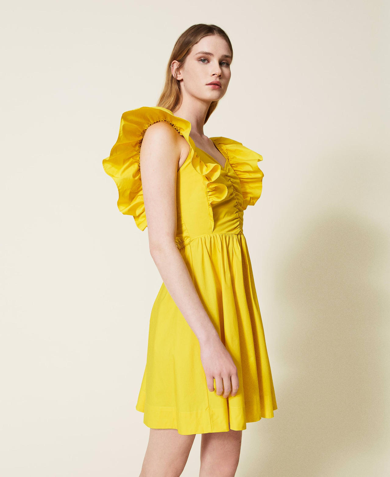 Poplin dress with frilled sleeves