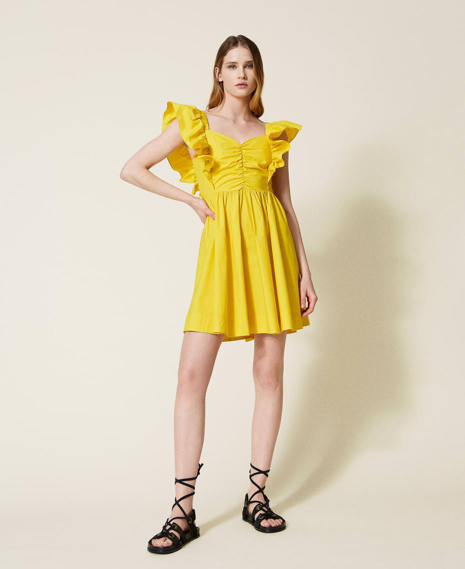 Poplin dress with frilled sleeves
