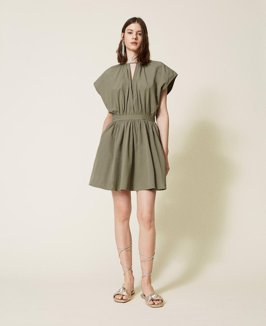Poplin dress with gathering “Camouflage” Green Woman 221TT2080-01