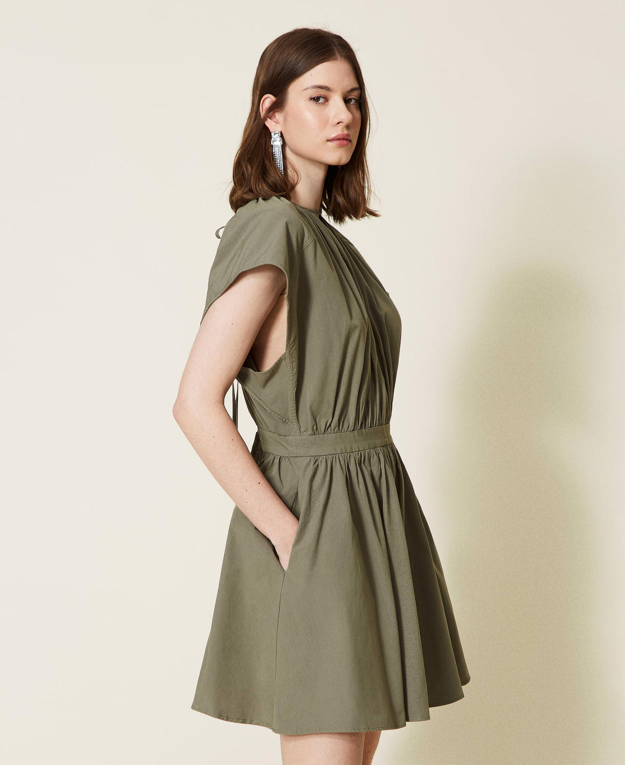 Poplin dress with gathering “Camouflage” Green Woman 221TT2080-02