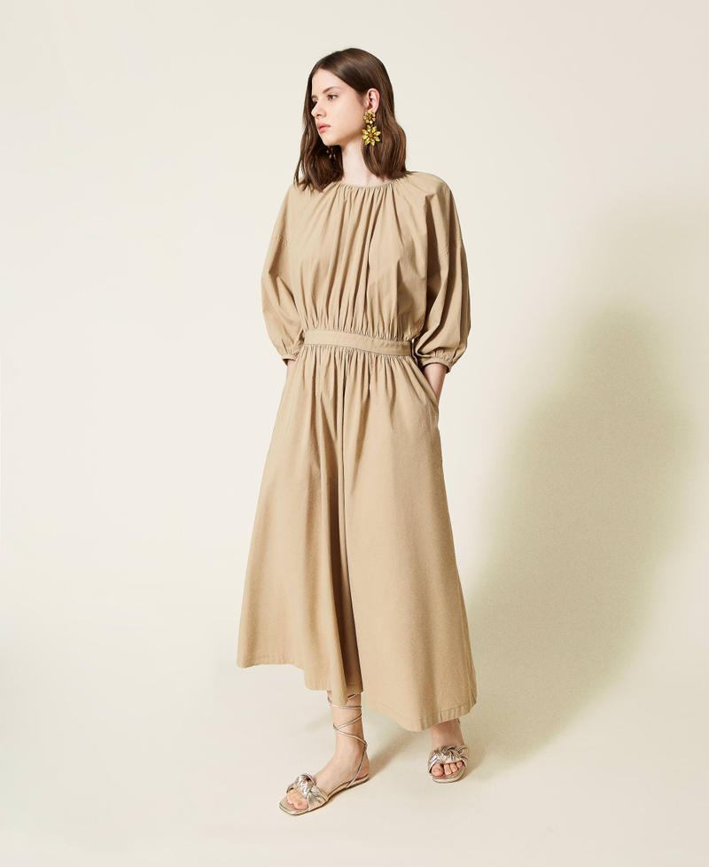 Long poplin dress with gathering "Cold Sand” Beige Woman 221TT2084-01