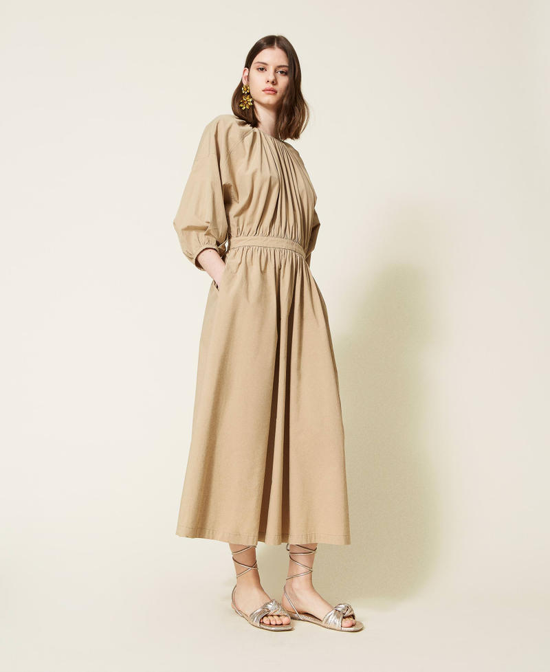 Long poplin dress with gathering "Cold Sand” Beige Woman 221TT2084-02