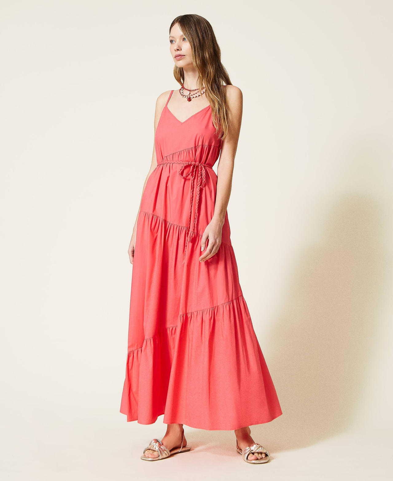 Long dress with asymmetric flounces "Wild Azalea” Red Woman 221TT2088-02