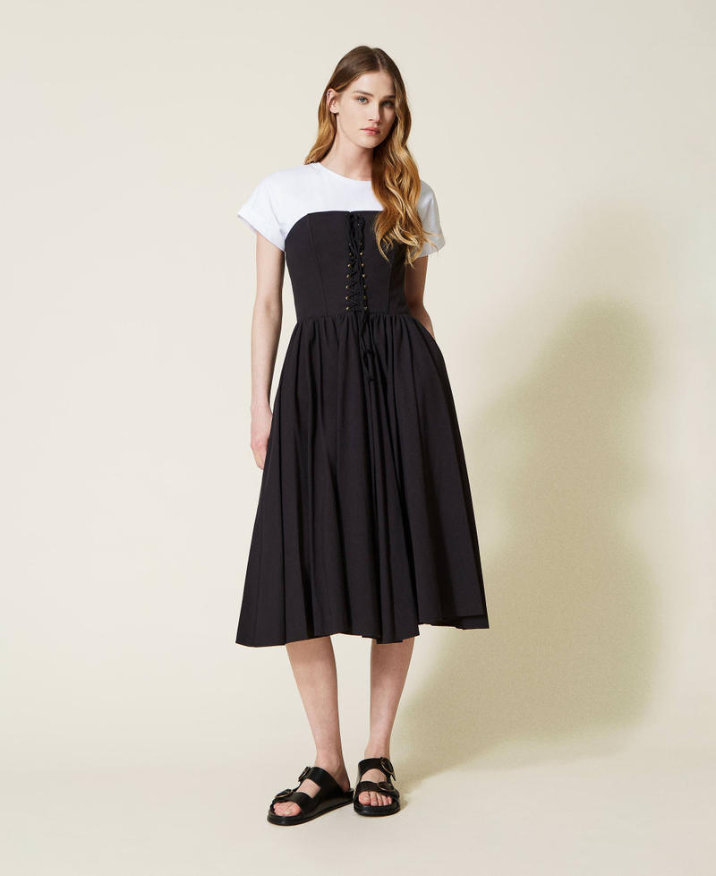 Midi dress with weaving and t-shirt Two-tone Black / Optical White Woman 221TT2090-01