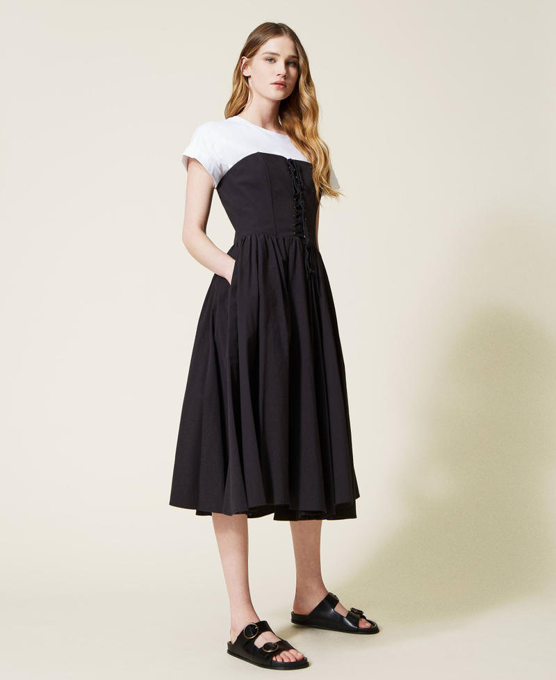 Midi dress with weaving and t-shirt Two-tone Black / Optical White Woman 221TT2090-02
