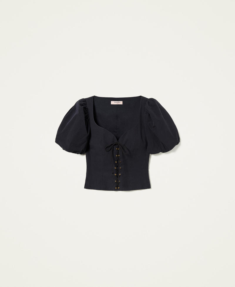 Poplin blouse with weaving Black Woman 221TT2092-0S