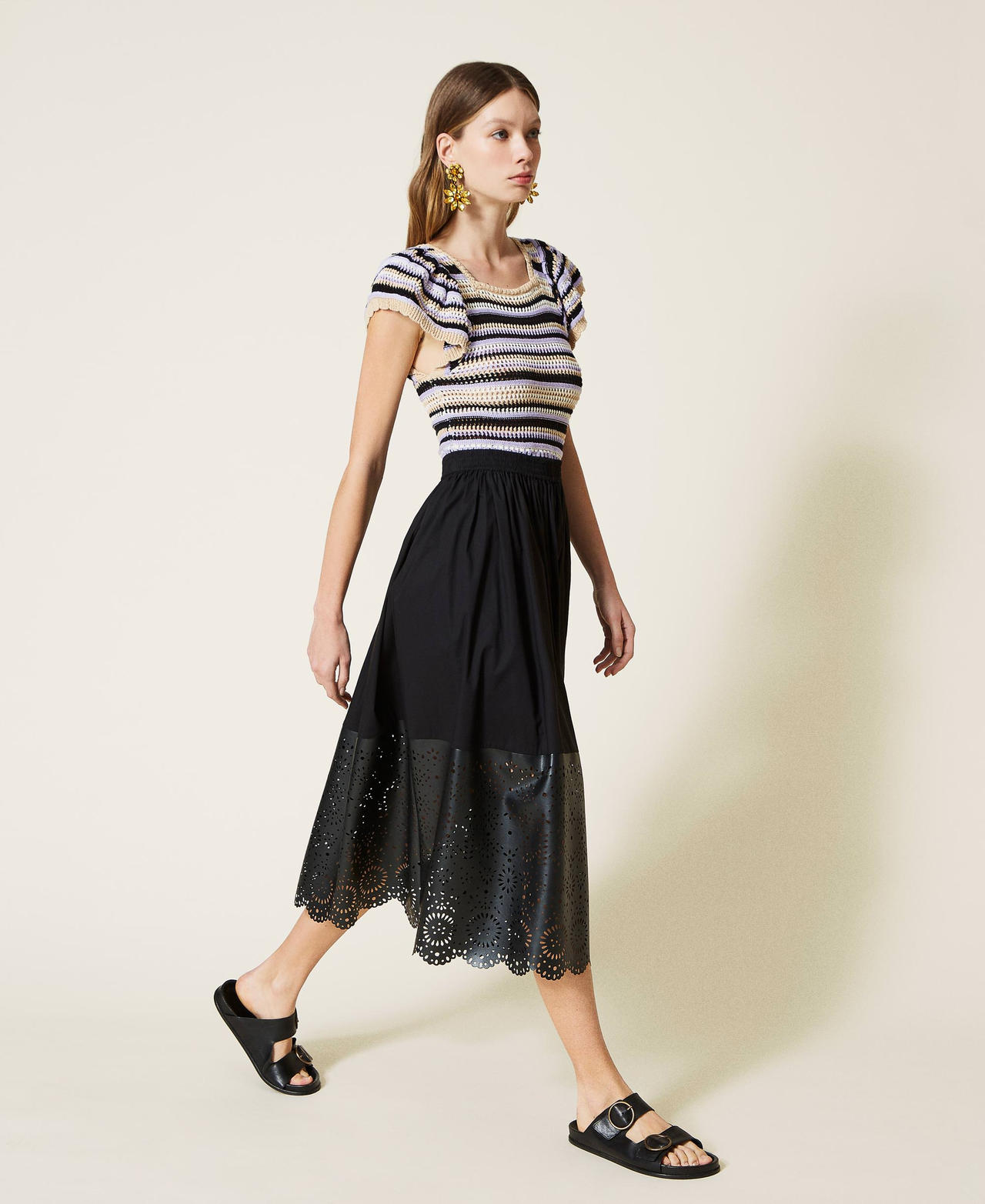 Midi skirt with laser embroidery Black Woman 221TT2109-02