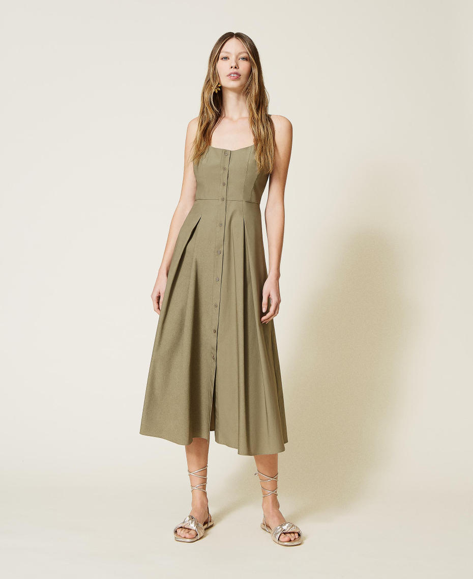 Long poplin dress with shoulder straps “Camouflage” Green Woman 221TT2111-01