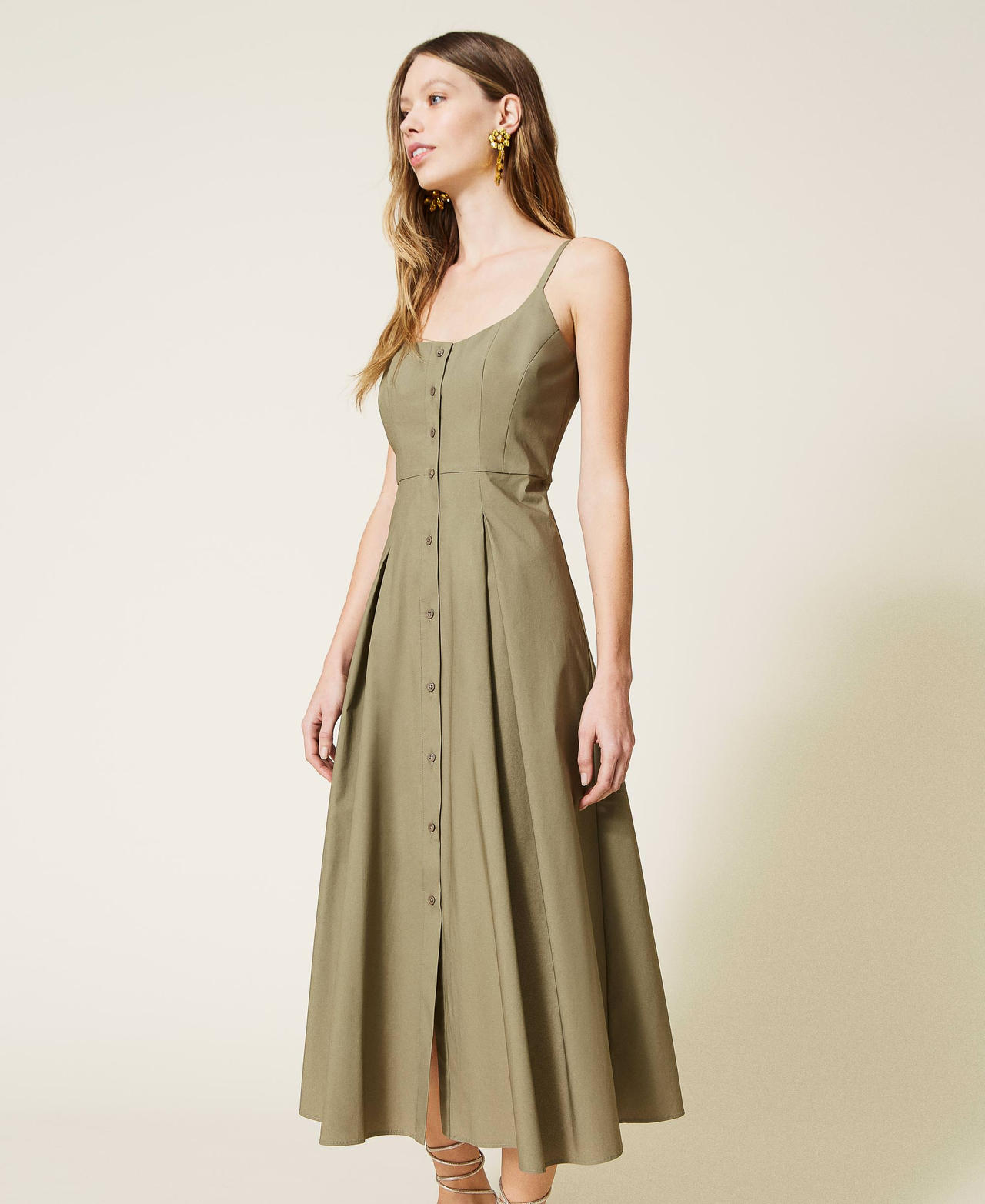 Long poplin dress with shoulder straps “Camouflage” Green Woman 221TT2111-02