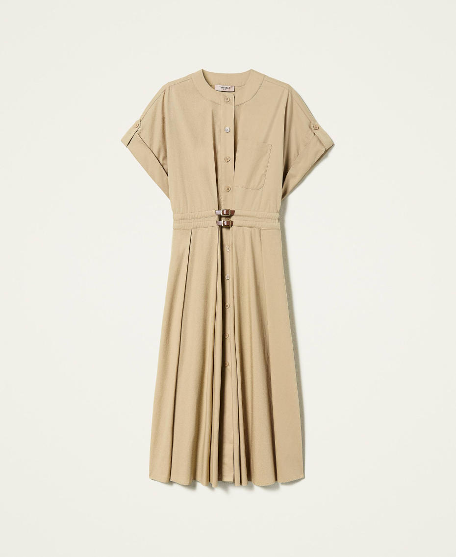 Langes Hemdblusenkleid aus Popeline „Kalter Sand“-Beige Frau 221TT2112-0S