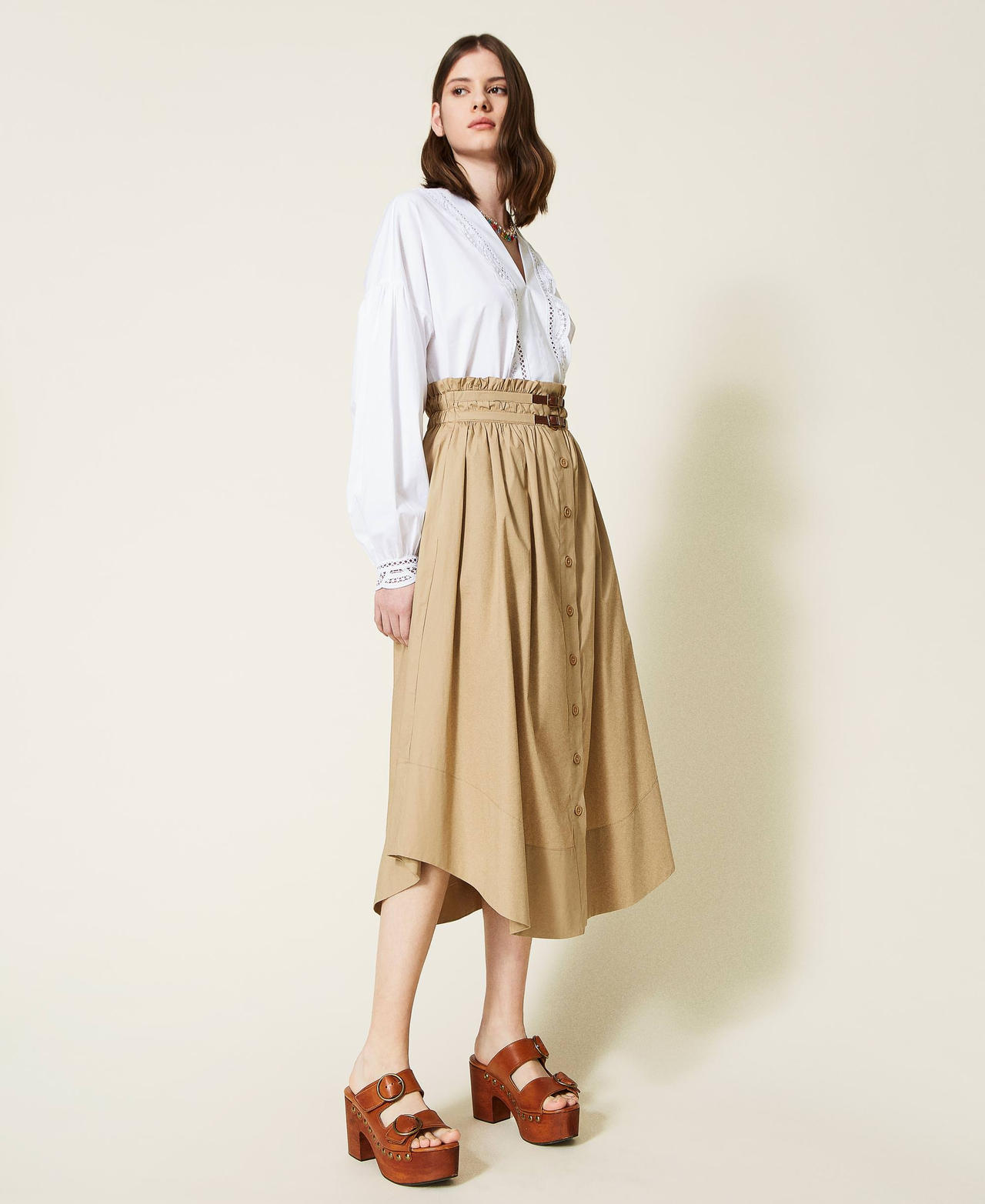 Long poplin skirt "Cold Sand” Beige Woman 221TT2115-02