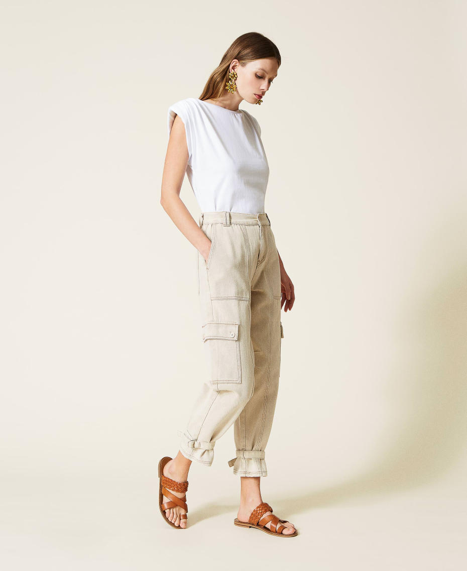 Stone washed bull cargo trousers "Cold Sand” Beige Woman 221TT2123-01