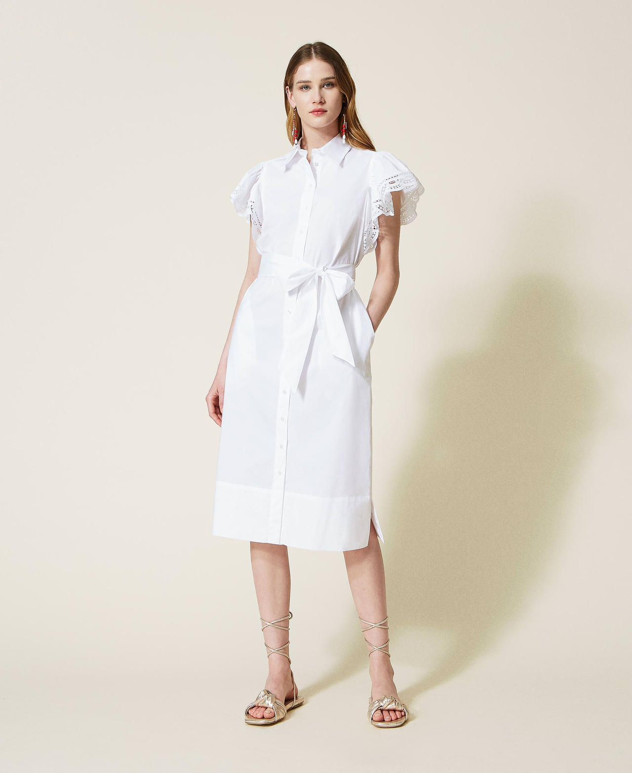 Midi poplin dress with lace White Woman 221TT2130-02