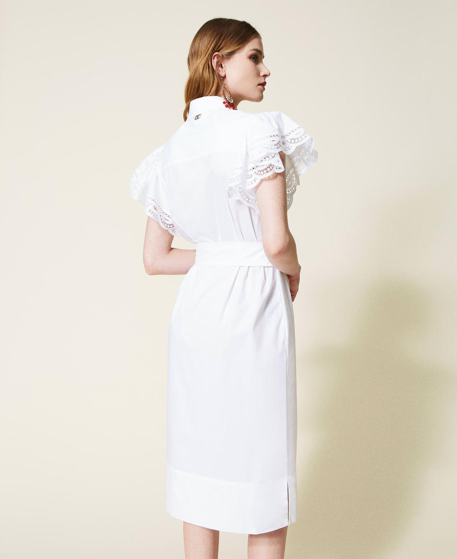 Robe mi-longue en popeline avec dentelle Blanc Femme 221TT2130-03