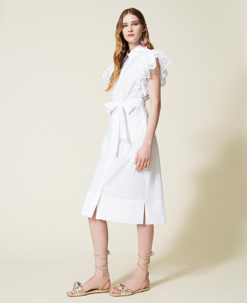 Midi poplin dress with lace White Woman 221TT2130-04