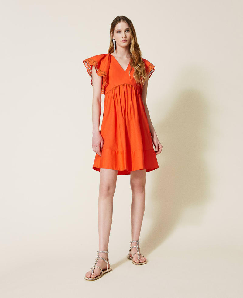 Kurzes Kleid aus Popeline mit Spitze „Cherry Tomato“-Orange Frau 221TT2131-01