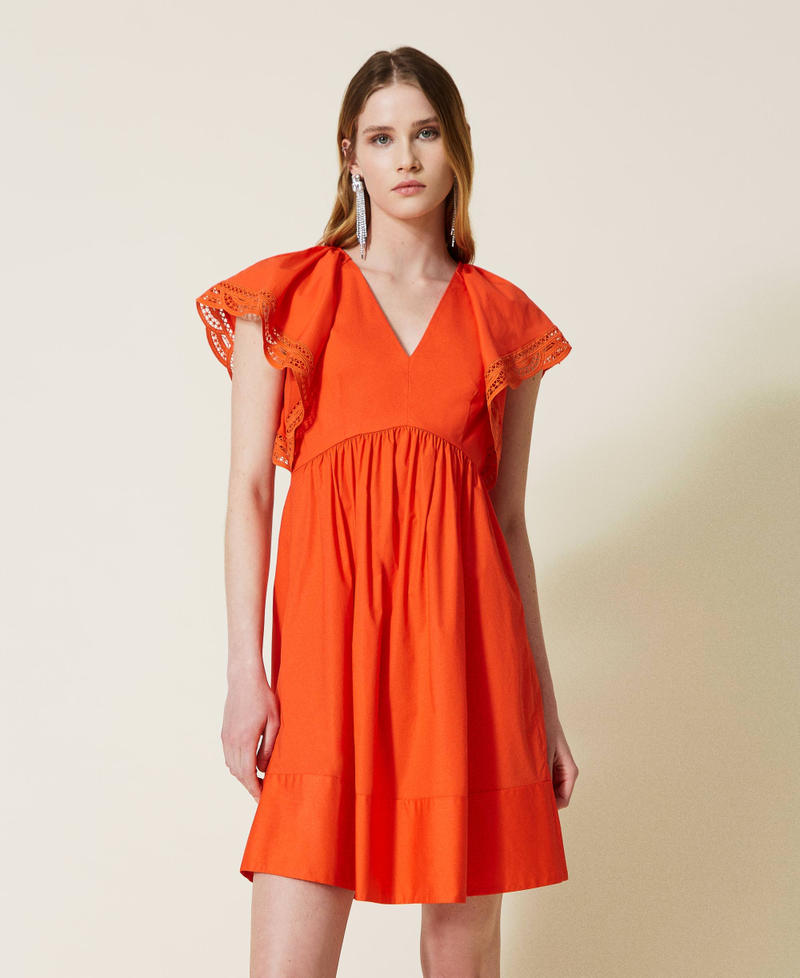 Short poplin dress with lace "Cherry Tomato” Orange Woman 221TT2131-02