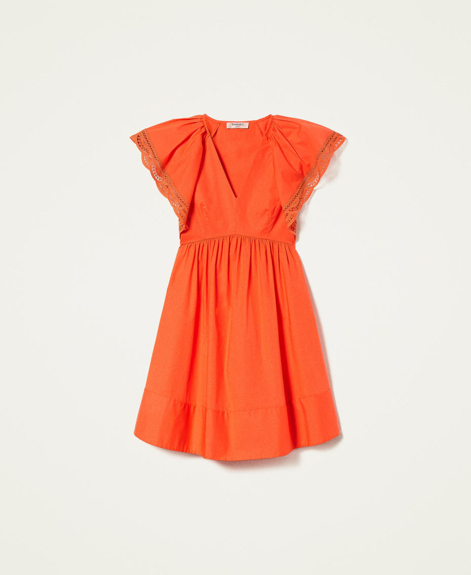 Kurzes Kleid aus Popeline mit Spitze „Cherry Tomato“-Orange Frau 221TT2131-0S