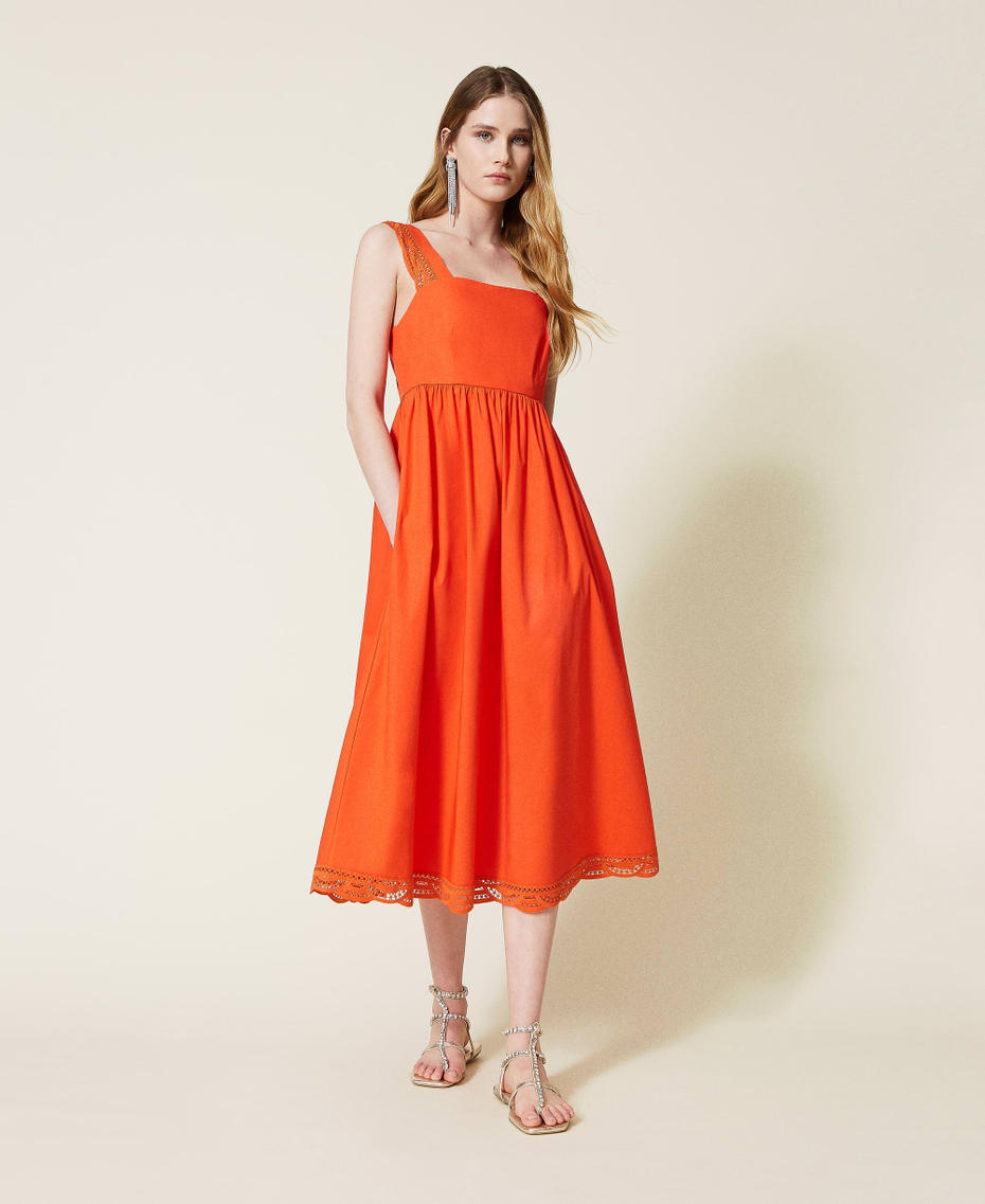 Long poplin dress with lace "Cherry Tomato” Orange Woman 221TT2132-01