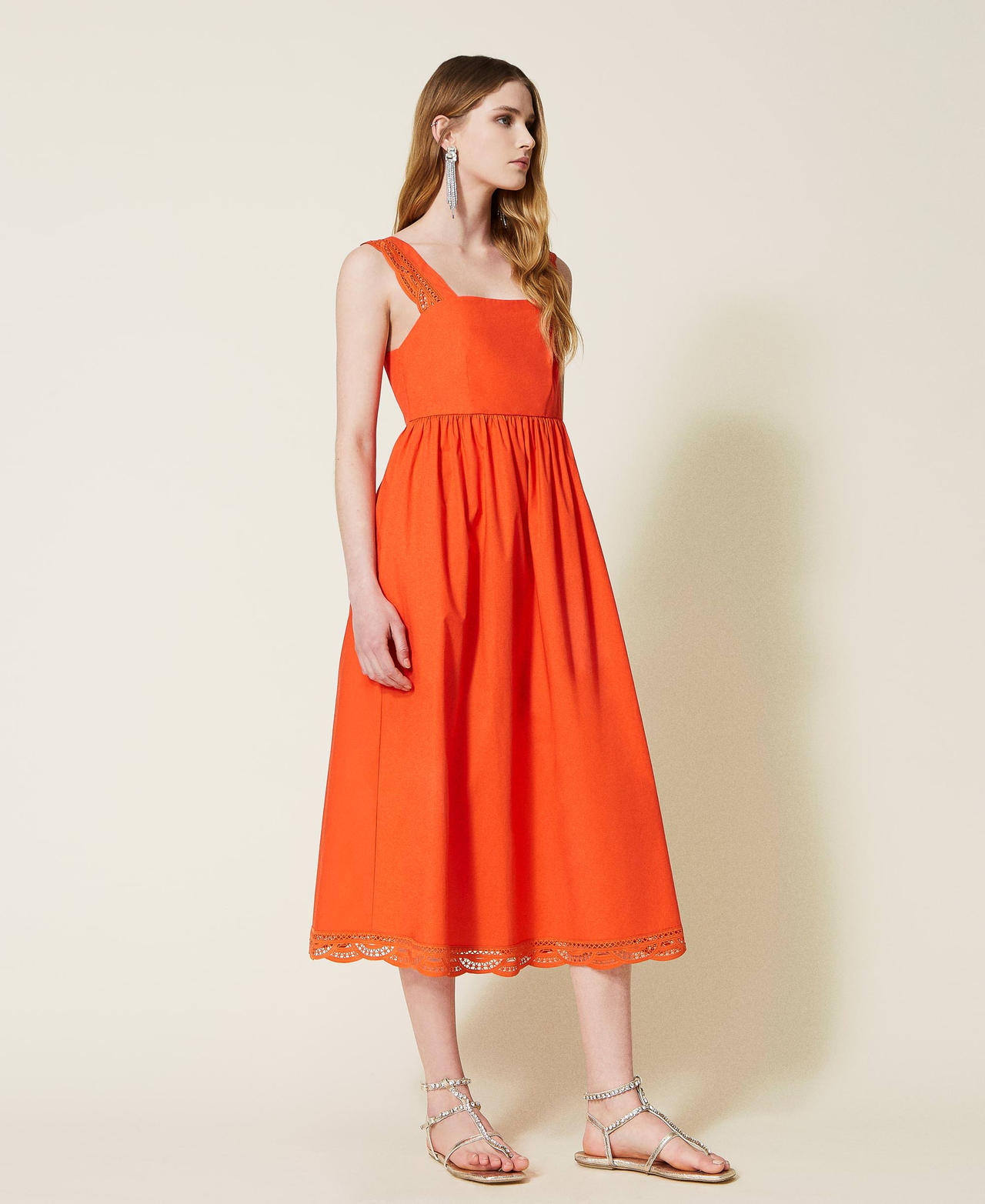 Long poplin dress with lace "Cherry Tomato” Orange Woman 221TT2132-02