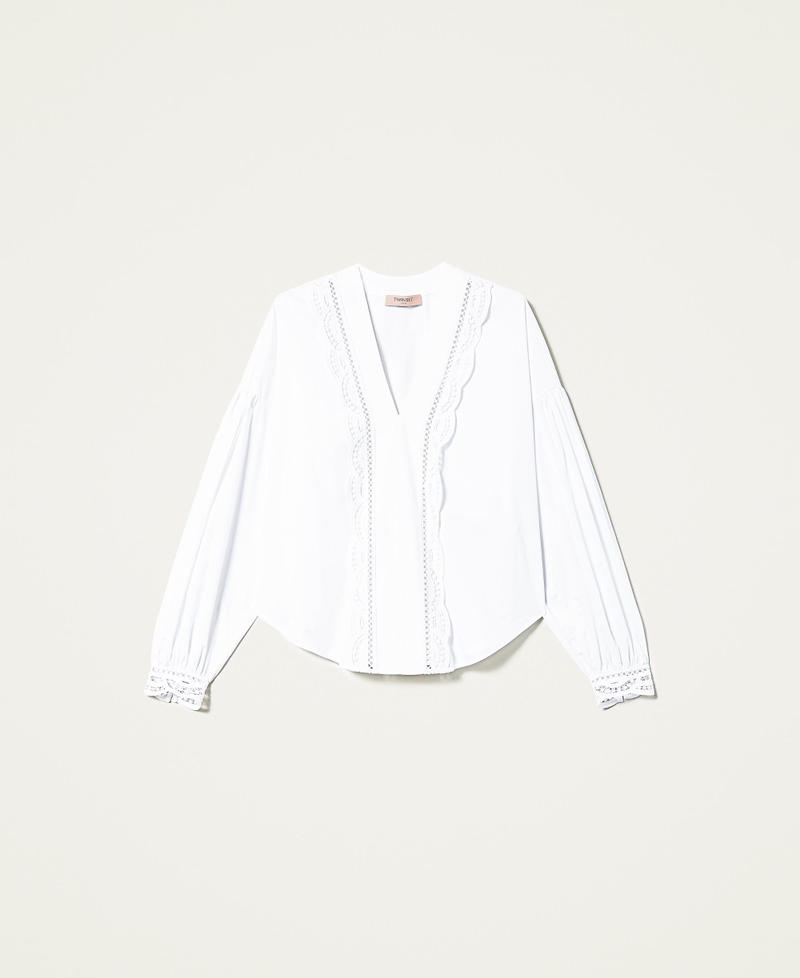 Poplin blouse with embroidery and lace White Woman 221TT2134-0S
