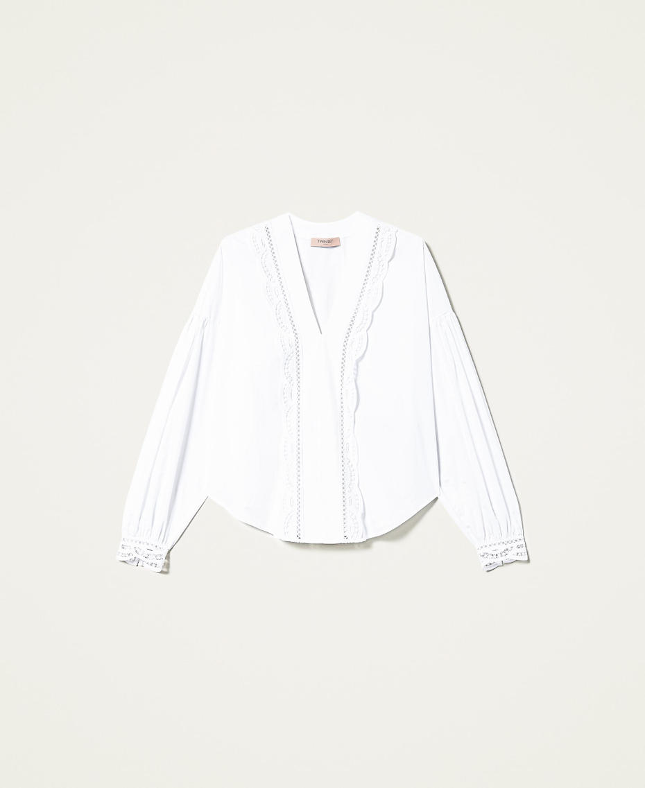 Poplin blouse with embroidery and lace White Woman 221TT2134-0S
