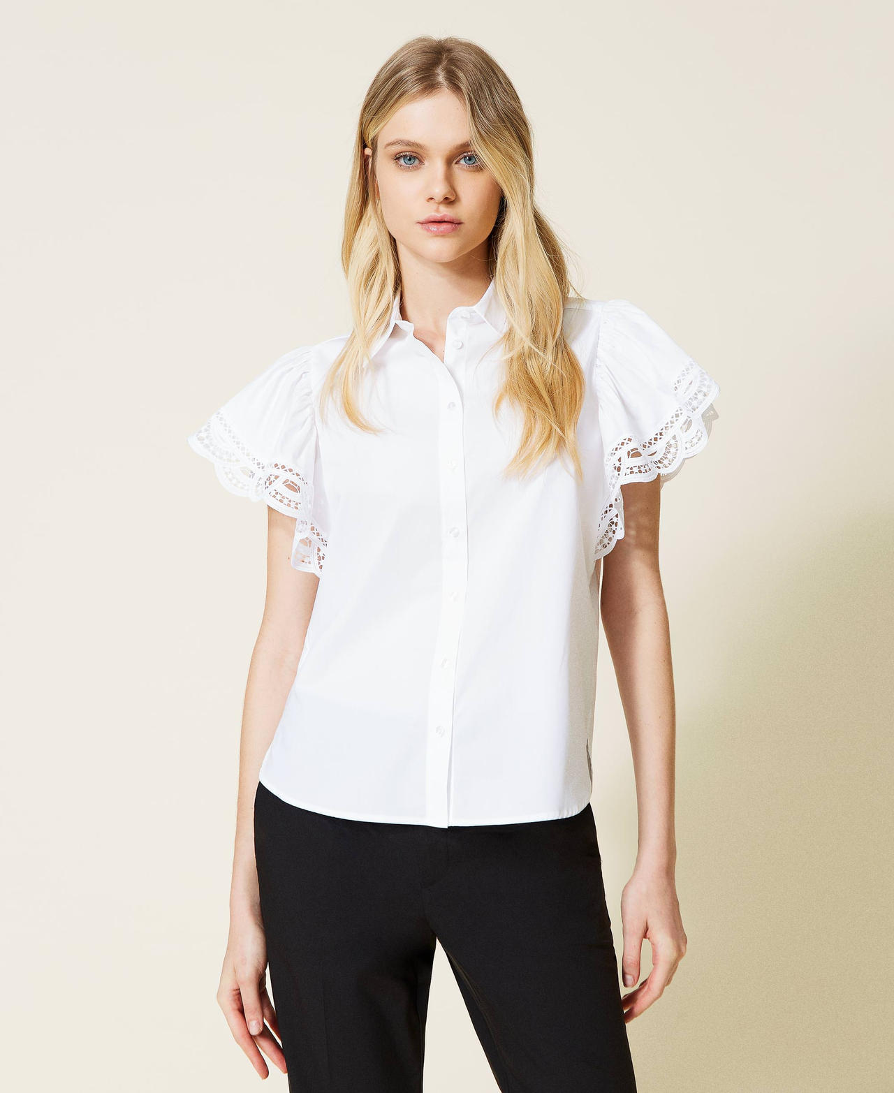 Поплиновая рубашка с кружевом Белый женщина 221TT2135-02
