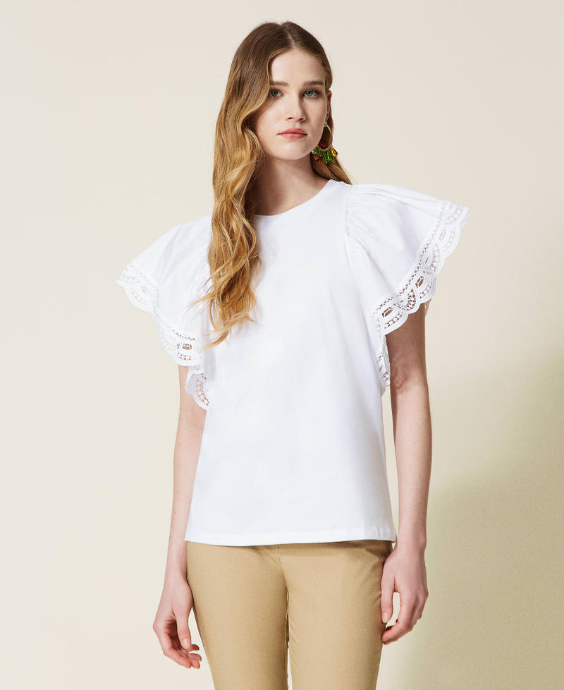 Camiseta regular con mangas de encaje Blanco Mujer 221TT2141-02
