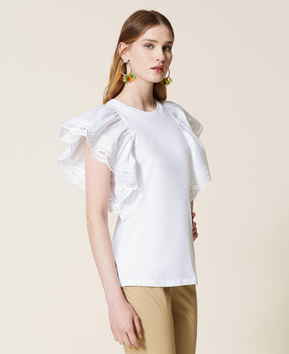 Camiseta regular con mangas de encaje Blanco Mujer 221TT2141-03