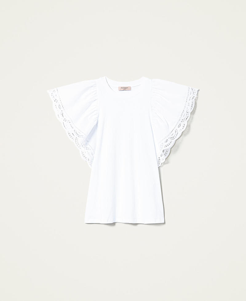 Camiseta regular con mangas de encaje Blanco Mujer 221TT2141-0S