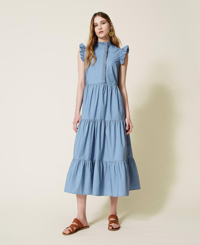 Long poplin dress with pleated flounces Infinite Light Blue Woman 221TT2160-02