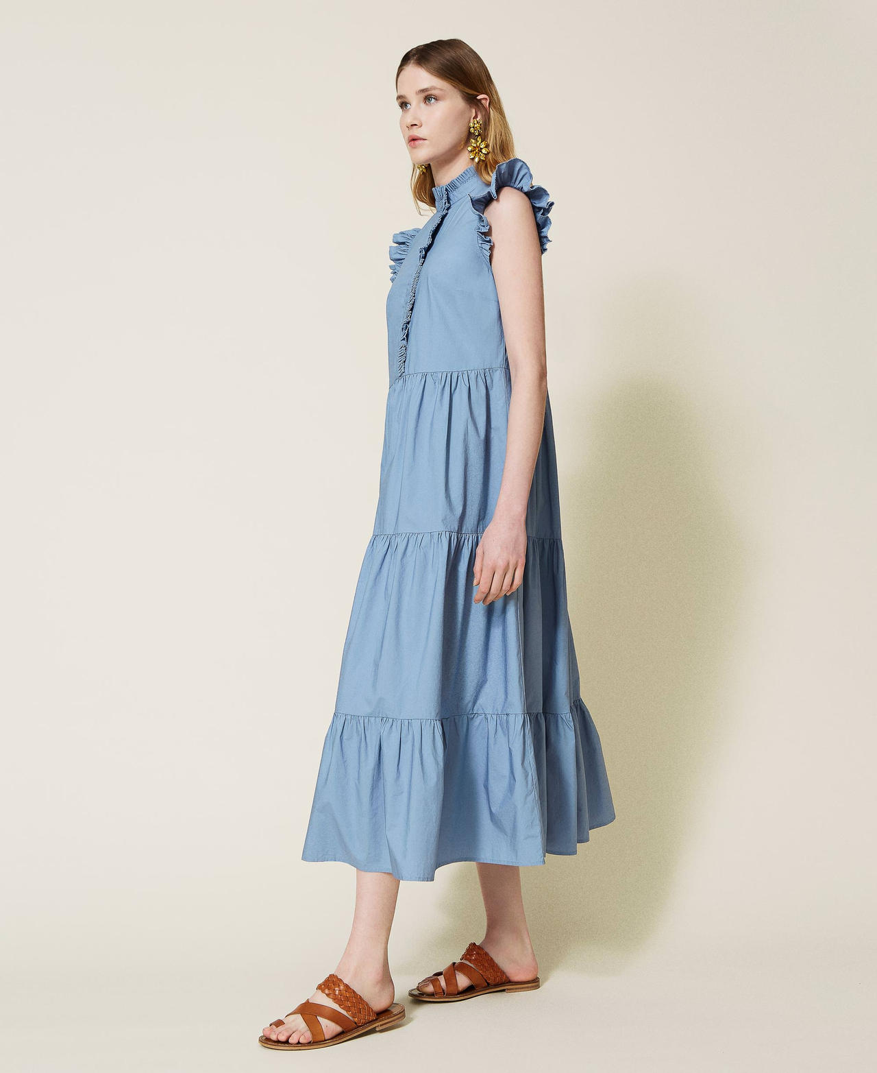 Long poplin dress with pleated flounces Infinite Light Blue Woman 221TT2160-03